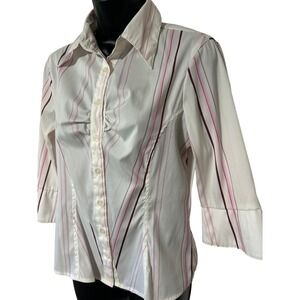 Cotton Express Y2K Striped Button‎ Up Shirt 3/4 Sleeve White Pink Juniors Large